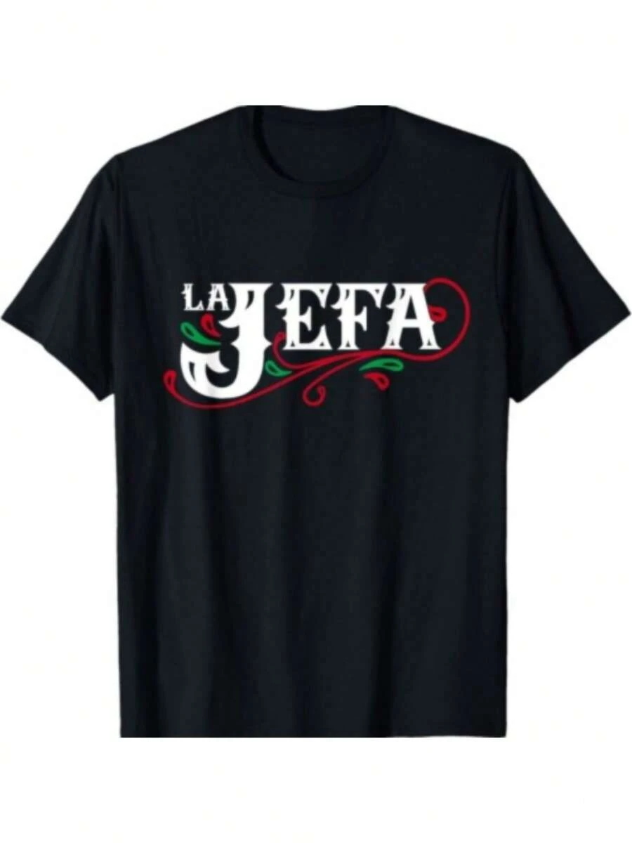 Men's Cotton T-Shirt "La Jefa" - Boss In Spanish, Funny Mexican Quote, Casual And Sporty, Black With Red And Green Graphics, Crew Neck, Short Sleeve, Machine Washable For Summer Use - 黑色 - 查看 1