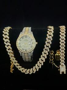 Conjunto de 3 piezas de reloj, collar y pulsera con Rhinestone, Reloj con correa de acero, calendario y caja de regalo para hombres y estudiantes, estilo hip-hop, conjunto de joyería de collar, pulsera y reloj de cumpleaños