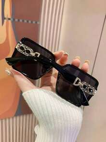 1pc Square Large Frame Fashionable Eyeglasses, High-End European And American Streetwear Style, Versatile For Women - Black Frame Black Lenses - View 3