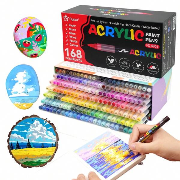 FLYSEA 168 Colors Acrylic Paint Markers Set, Large Capacity Direct Liquid Acrylic Markers, Soft Brush Tips, Evenly Blendable Layerable Colors, Odorless, Suitable For Fabric, Canvas, Rock, Glass, Wood, Paper, DIY Crafts, School & Art Suppliesschool Supplies,Back To School