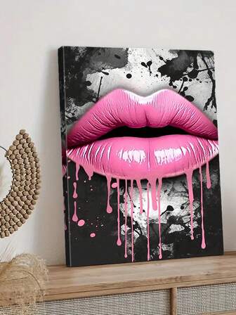 1pc Canvas Wall Arts Poster A Dramatic Rosy Lips Graffiti With Dripping Paint Effects, Enhanced By A Solid Wood Frame, Perfect For Adding An Edgy, Urban Vibe To A Contemporary Space, Ready To Hang,Optional Frame