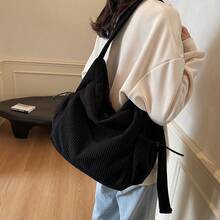 1 Unit Women Corduroy Large Capacity Shoulder Bag/Messenger Bag, Soft And Durable Fabric, Suitable For Student, Work Commute, Short Travel, With Side Pockets And Inner Compartments, Zipper Closure - Black - View 13