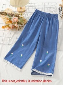 Young Girl' Wide Leg Pants, 2025 New Fashion Daily Casual All-Match Floral Embroidered Ruffle Hem Trousers