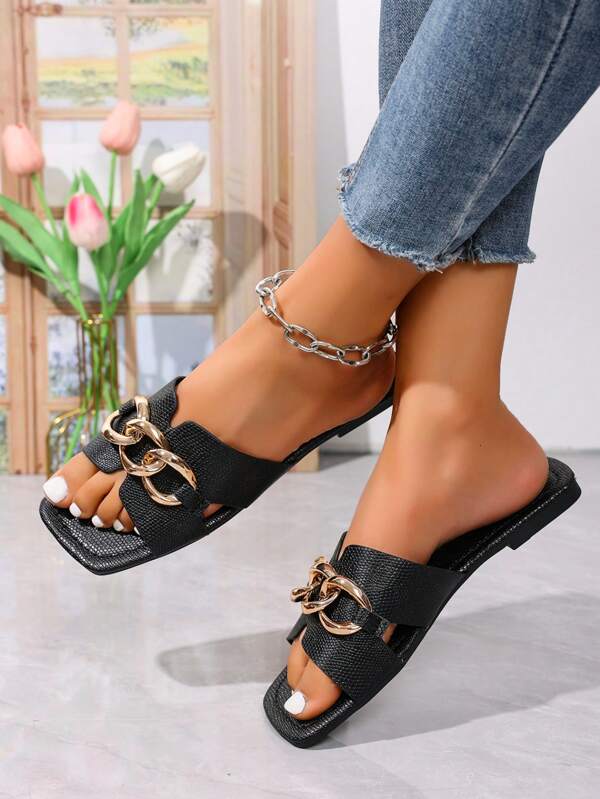 Women's Fashionable Square Toe Flat Sandals With Metal Rings, Lightweight, Slip-On, Soft Sole, Comfortable, Suitable For Holiday, Beach, Casual Outings, Summer
