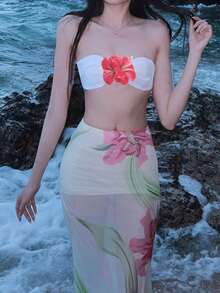 1pc Flower, Leaf & Plant Printed Twist Crop Top & Skirt Two-Piece Suit, Bohemian Style, Summer Beach & Garden - Pink - View 8