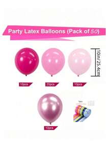 Set de 50 globos de látex en colores rojo vivo, rosa satinado, fucsia metálico y rosa macaron, adecuados para decoración de fiestas de cumpleaños, despedidas de soltero, San Valentín, bodas, Día de la Madre, graduaciones, Halloween, Navidad y otros eventos temáticos tanto en interiores como exteriores.
