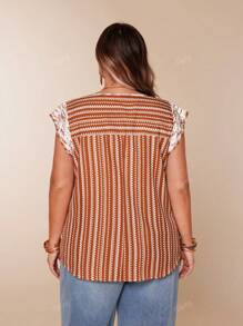 Plus Size Women Elegant Woven Colorblock Round Neck Dolman Sleeve Pleated Front Curved Hem Top, Rust Brown, Summer