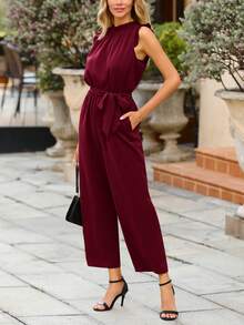 Women's Jumpsuit Summer Sleeveless Pleated Mock Neck Belt Pockets Wide Leg Pants Jumpsuit - Màu Đỏ Sâu - Xem 4