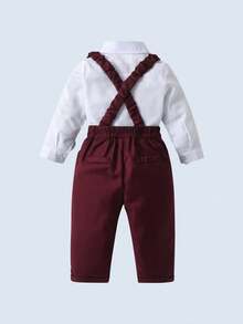 2 Stücke Jungenoutfit im Gentleman-Stil - Langarmhemd mit Schleife und Hosenträger-Hose, Mode & Geeignet für Geburtstagsfeiern, Hochzeiten, Ringträger Festkleidung - Bordeaux - Übersicht 3