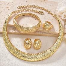 Set de 4 piezas de joyería de mujer con patrón de líquido de pulido de metal, que incluye collar, pulsera, anillo y aretes, adecuado para bodas, novias, fiestas y banquetes