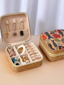 1pc Premium Vintage-Style Jewelry Storage Box, Portable Travel Earring Ring Necklace Organizer, New Print Design For Women Storage Organizer Travel Essentials Back To School Dormitory Storage