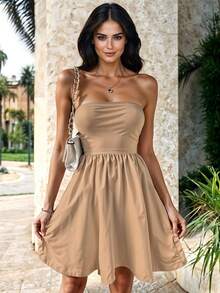 Vestido Midi de Tubo Plisado y sin Mangas Casual para Mujer Primavera/Verano - Beis - Ver 3