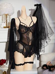 Women's Bridal Lingerie Set Sheer Mesh Lace Babydoll Dress Sleeves Garters And Veil 4 Pcs Set Wedding Lingerie - màu đen - Xem 2