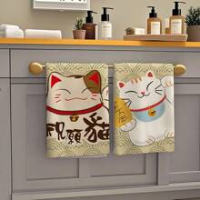 2pcs, Korean Japanese Lucky Cat Cloud Pattern Washcloths, Cleaning Cloths For Kitchen, Bathroom, Car, Windows, Cleaning Supplies, Gift.