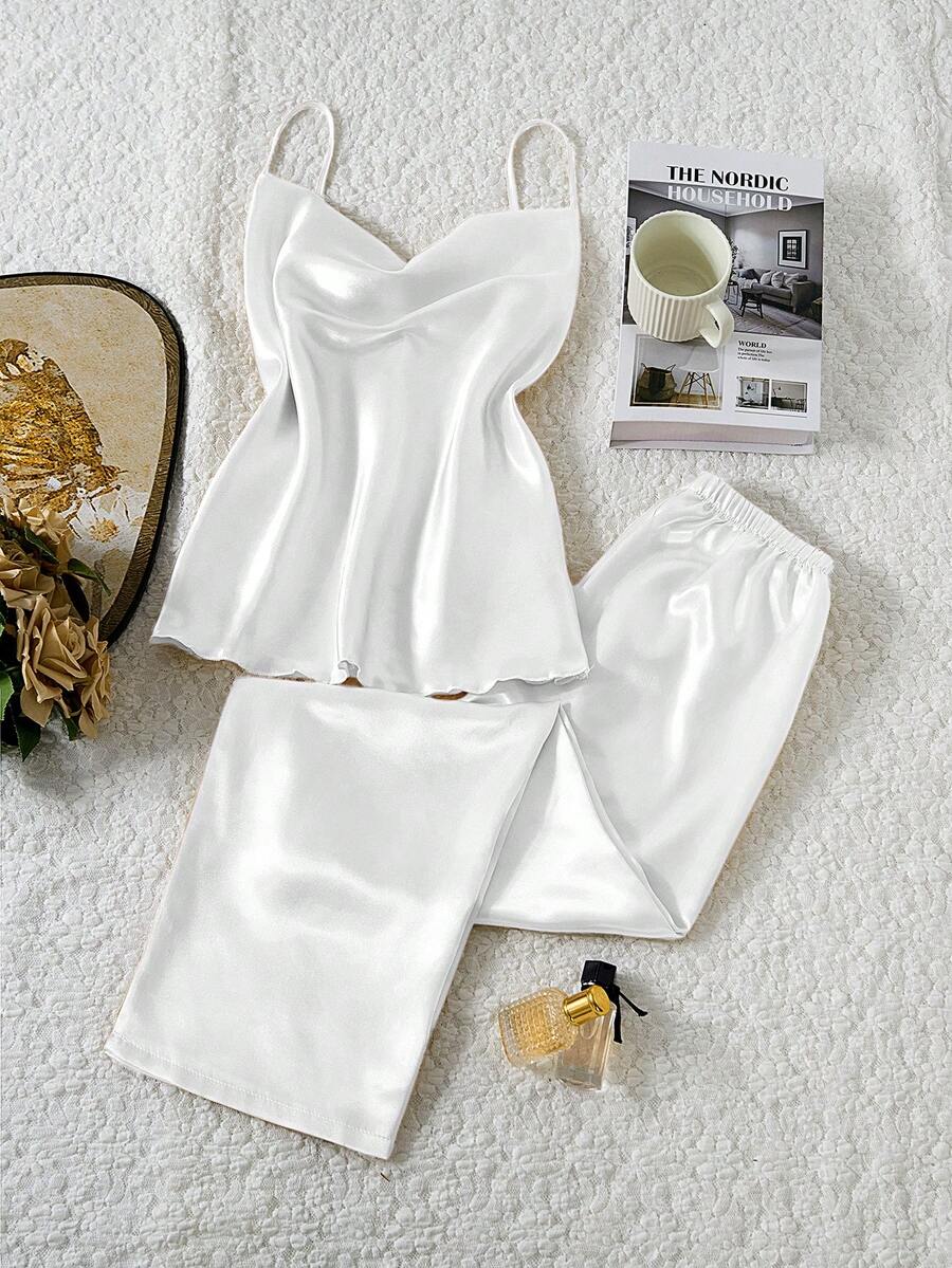 Bộ đồ ngủ nữ 2 món, áo hai dây và quần dài bằng vải satin mỏng nhẹ, màu trơn, kiểu dáng thanh lịch và gợi cảm, thích hợp mặc ở nhà, mùa thu/đông.