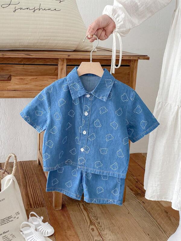 2 Stücke Kleinkind Jungen Denim Outfit Set - Strickjacke mit Hemdkragen und Shorts, Bären Muster, Lässig und bequem, geeignet für den Sommer