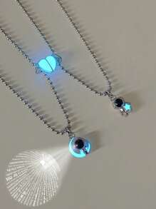 ATLVXJL 2pcs/Set Glow-In-The-Dark Astronaut Constellation Projection Bead Magnetic Necklace With Stainless Steel Chain, Casual Couple Jewelry Suitable For Daily Wear And Valentine's Day Gift