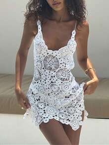 Women's Knitted Camisole Cover Sleeveless Backless Transparent Floral Lace Short Skirt Summer Bikini Cover - trắng - Xem 4