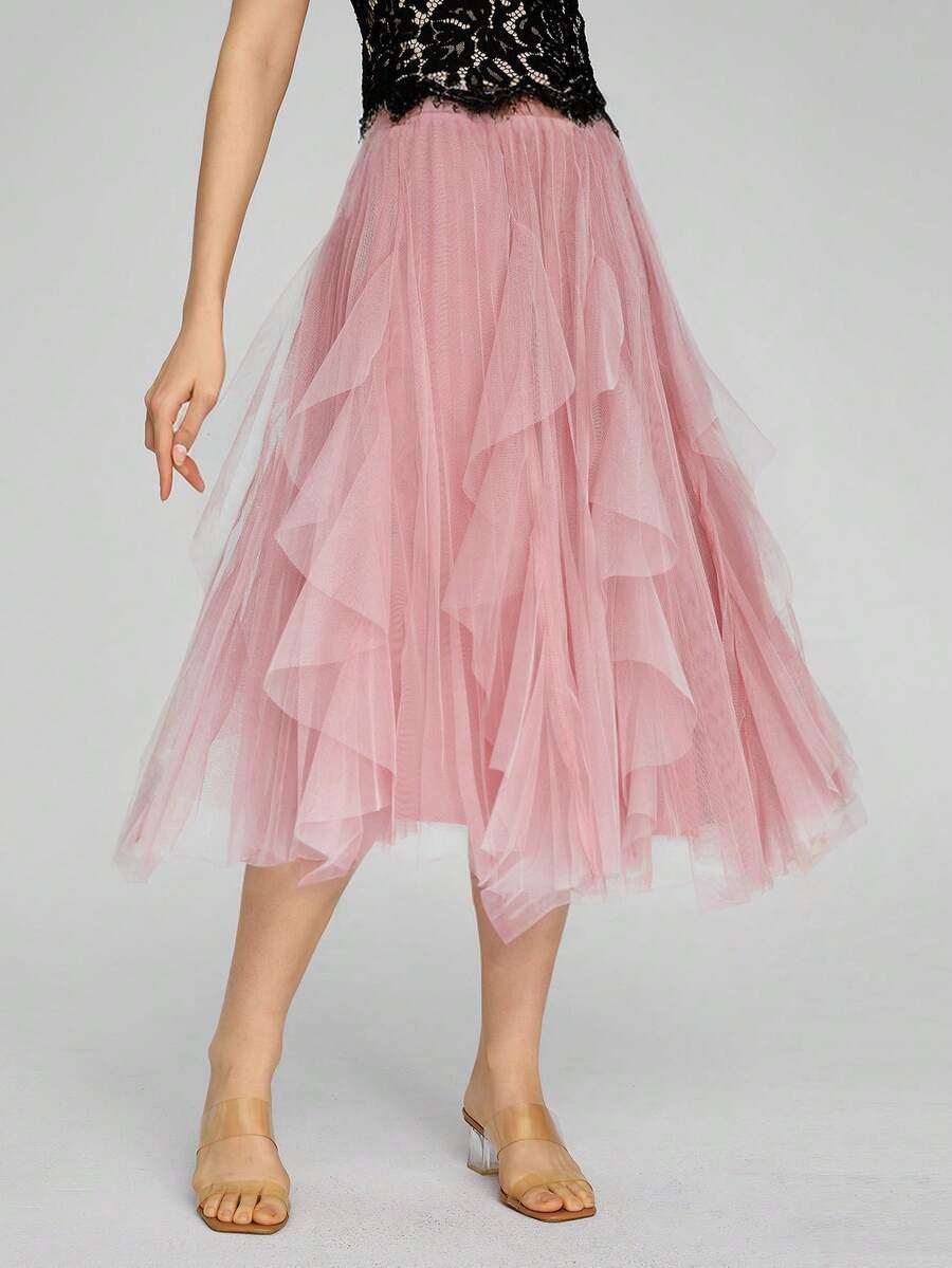 Ruffle Hem Pleated Tulle Skirt - Dusty Pink - View 1