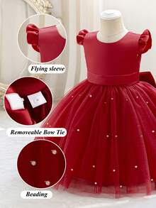 女婴短袖蝴蝶结薄纱酒红色优雅圣诞派对礼服，公主裙，适合一周岁生日派对、宴会、婚礼花童装 - 酒紅色 - 查看 4