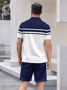 Conjunto de camisa polo de manga corta y pantalones cortos con bloqueo de color para hombre - Azul - Ver 2