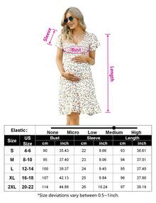Yesfashion Women's Maternity Short Sleeve Ruffle Dress V Neck Summer Casual Smocked Flowy Midi Dress For Baby Shower Photoshoot - 白底小黃花 - 查看 5