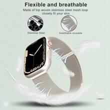 1 Conjunto Moda 3 em 1 Pulseira de Malha de Aço Inoxidável Milanesa Magnética e Protetor de Tela com Duas Fileiras de Cristais Compatível com 38mm 40mm 41mm 45mm 44mm 42mm 46mm 49mm Compatível com Ultra Série Ultra 9 8 7 6 5 4 3 2 1 SE Série 10, Pulseira Respirável e Confortável, Capa Protetora de Relógio a Prova d'água e Resistente a Arranhões e Choques para Mulheres e Homens