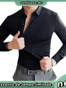 MS889# Solid Color High Elasticity Silk Comfortable Feeling Seamless Drape Casual Shirt - 黑色 - 查看 1