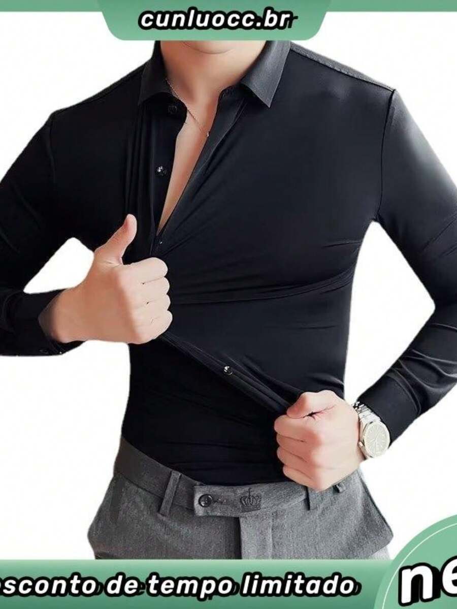 MS889# Solid Color High Elasticity Silk Comfortable Feeling Seamless Drape Casual Shirt - 黑色 - 查看 1
