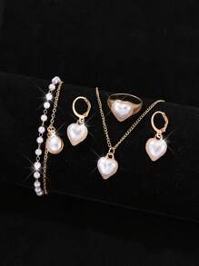 5pcs Women's Jewelry Set, Fashionable And Simple Love Pearl Women's Bracelet, Necklace, Earrings, Ring Women Jewelry Set, Suitable For Daily Wear, Gift For Friends