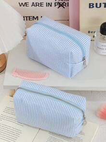 1 Pc Seersucker Hand Holding Large-Capacity Toiletry Bag, Print Stripe Makeup Pouch Travel Cosmetics Storage Bag, Candy Color Makeup Bag Woman's Cosmetic Pouch Suitable For Birthday Gifts, Travel Essential Delicate Fashion Makeup Bags Zipper Bag European And American Style Cosmetic Pouch For Woman,Girl,Ladies Lightweight Skincare Storage Bag For Travel - Multicolor - View 7