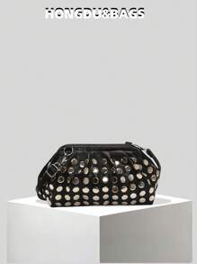 Nowa modna damska torba na ramię z nitami i solidnym PU z zamkiem błyskawicznym, stylowa torba typu crossbody, odpowiednia na randki, zakupy, uniwersalna