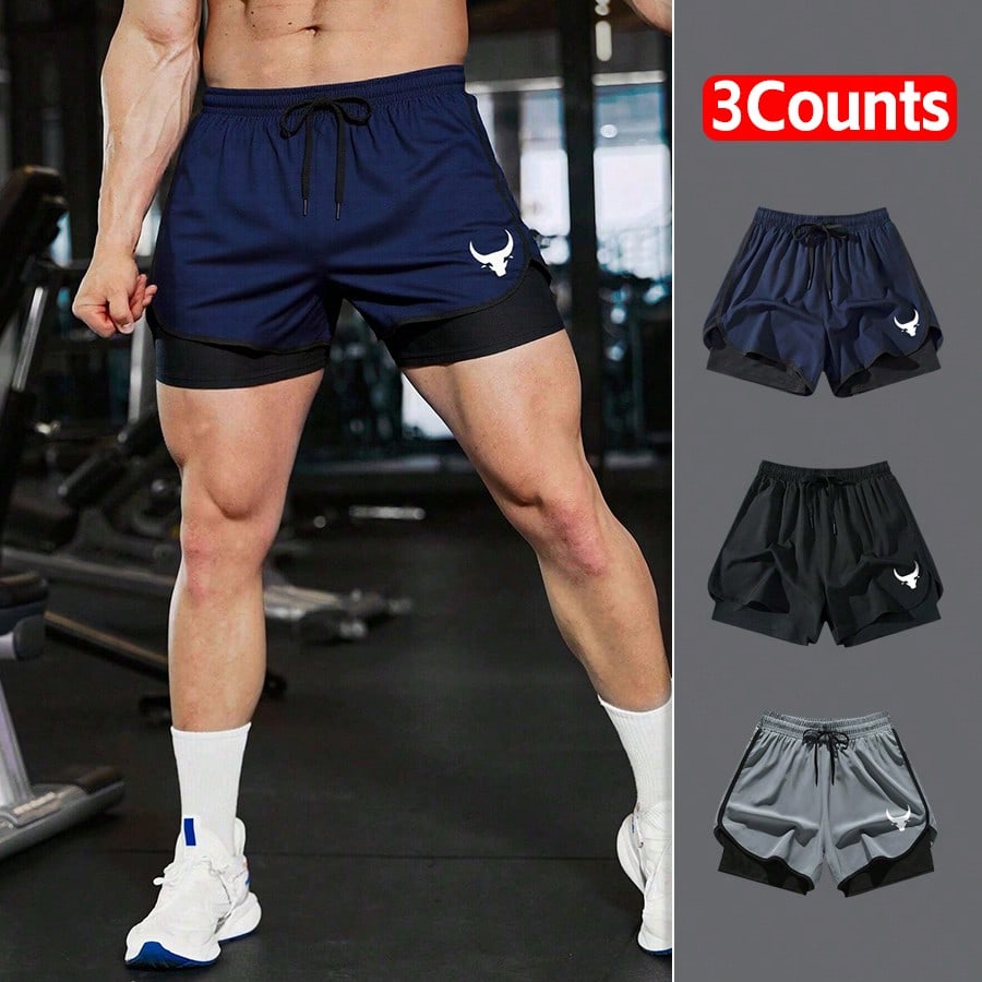 Set de 3 pantalones cortos casuales, de uso diario, para fitness y running al aire libre, de 2 en 1 con doble capa, para verano