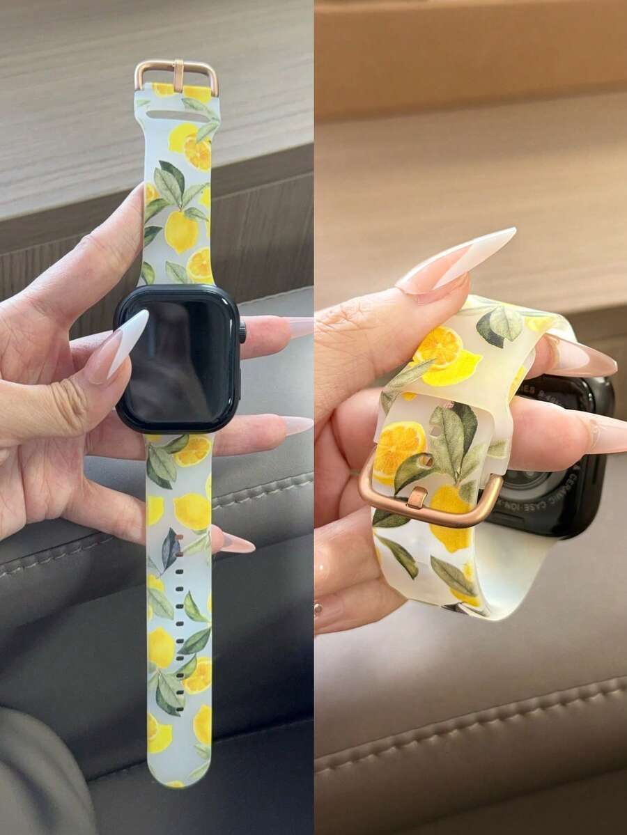 Broken Floral Sports Silicone Bands Compatible With Apple Watch Band 38mm 40mm 41mm 42mm 44mm 45mm 49mm, Soft Sport Waterproof Strap Replacement Wristband For Ultra Series 9 8 SE 7 6 5 4 3 2 1 Women Men As A Gift For Students Returning To School - 檸檬 - 查看 1