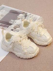 1 Paar Mädchen Kunstperlenschmuck & Spitzenblume Dekoration Prinzessin Stil Lässig atmungsaktive weiche Sohle Sportschuhe, neue Kollektion Frühling/Sommer 2025