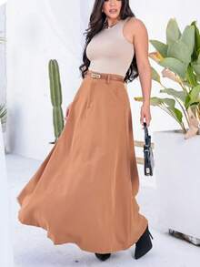 Women's High-Waisted Long Skirt With Pockets On Both Sides - 薑色 - 查看 1
