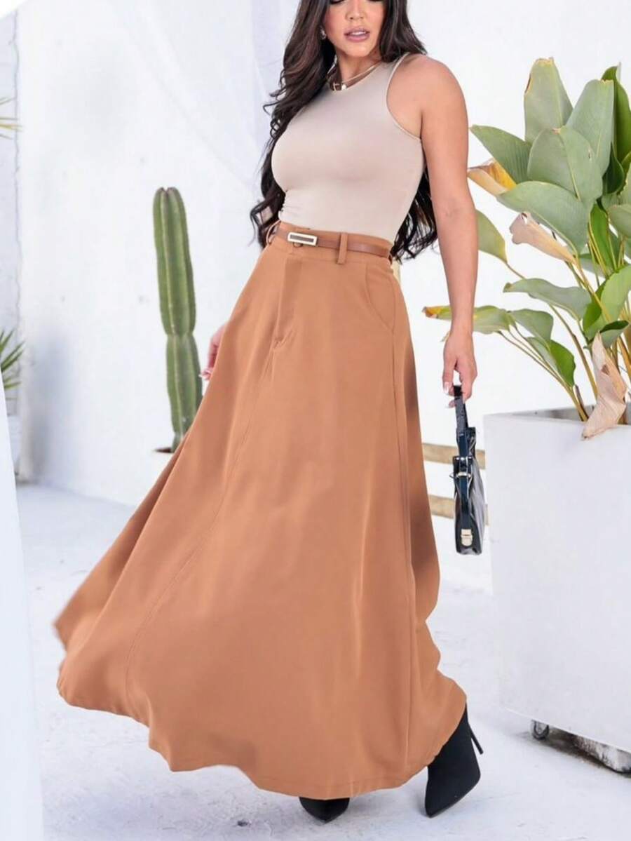 Women's High-Waisted Long Skirt With Pockets On Both Sides - 薑色 - 查看 1
