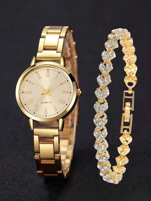 1 Set modische Quarzuhr mit römischen Ziffern in Gold und goldfarbenes Armband mit herzförmigen Strass, geeignet als Geschenk für sie in der Schulzeit, vielseitiger Artikel