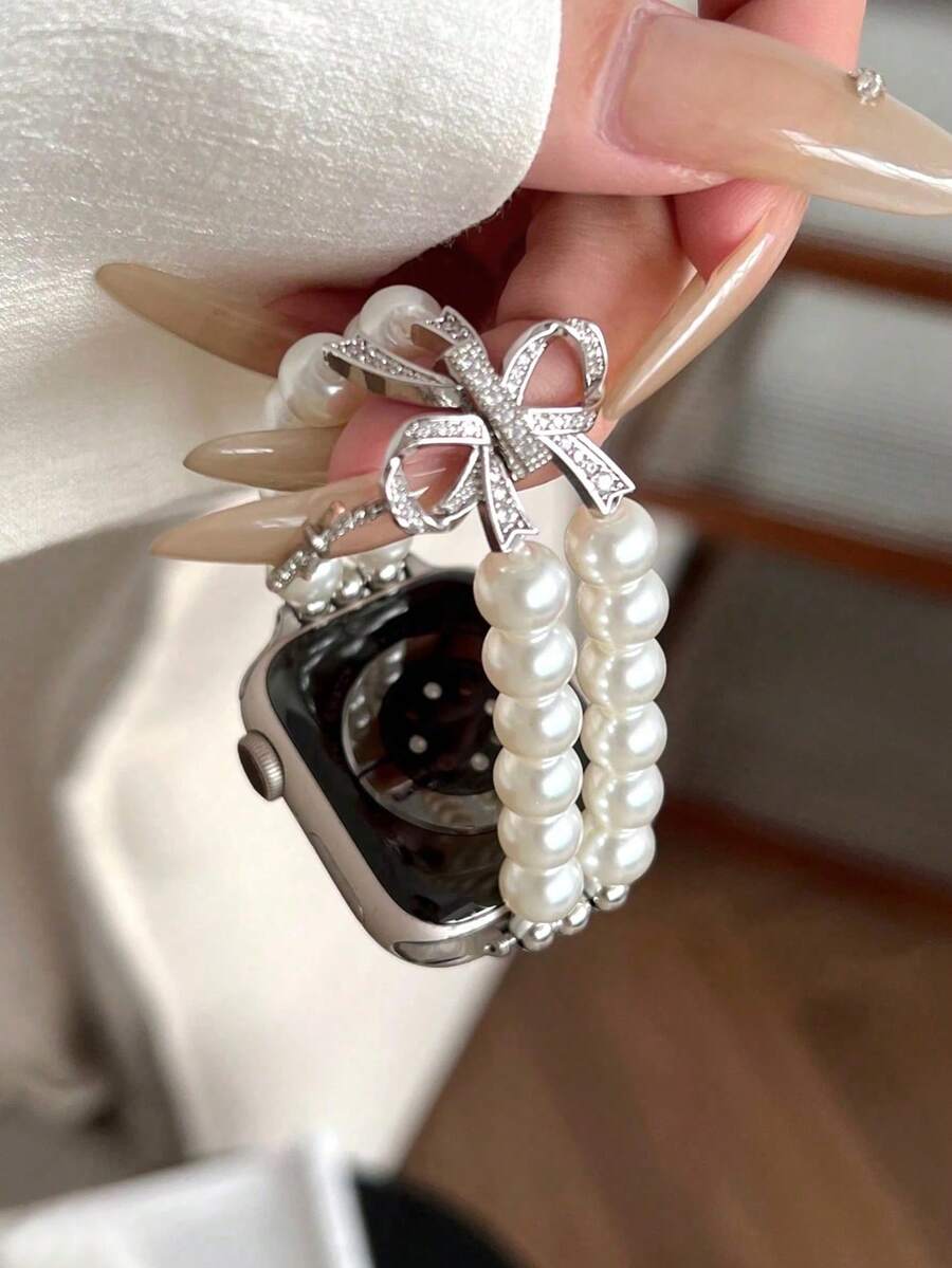 1pc Women's Stylish Pearl & Rhinestone Bow Elastic Band Fit For 38/40/41/42/44/45/49/46mm Watch Ultra2/Ultra/SE/10/9/8/7/6/5/4/3/2/1, White Valentines - White Pearl-bowknot - View 1
