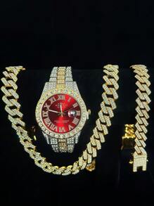 Conjunto de 3 piezas de reloj, collar y pulsera con Rhinestone, Reloj con correa de acero, calendario y caja de regalo para hombres y estudiantes, estilo hip-hop, conjunto de joyería de collar, pulsera y reloj de cumpleaños