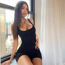 Women Yoga Rompers Workout Ribbed Square Neck Sleeveless Sport Romper - 黑色 - 查看 1