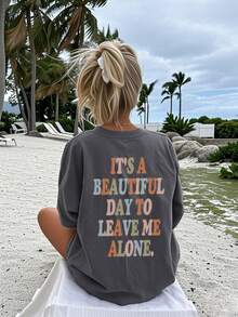 Ladies' Colorful Printed Round Neck Short Sleeved Simple Daily Summer T-Shirt. Graphic Tees Women Black Top - Dark Grey - View 1