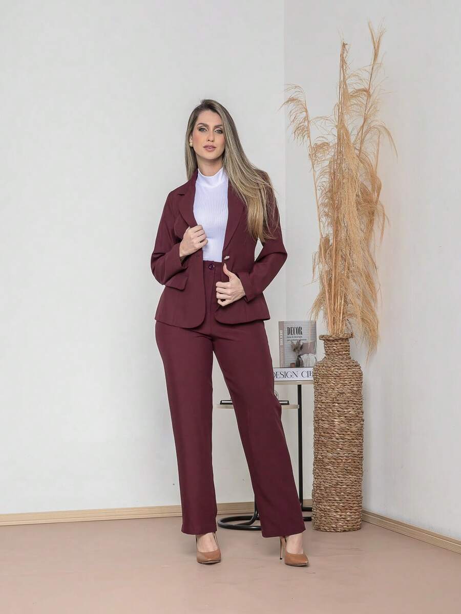 Elegant Twill Jacket And Trouser Set C3035 - Burgundy - View 1
