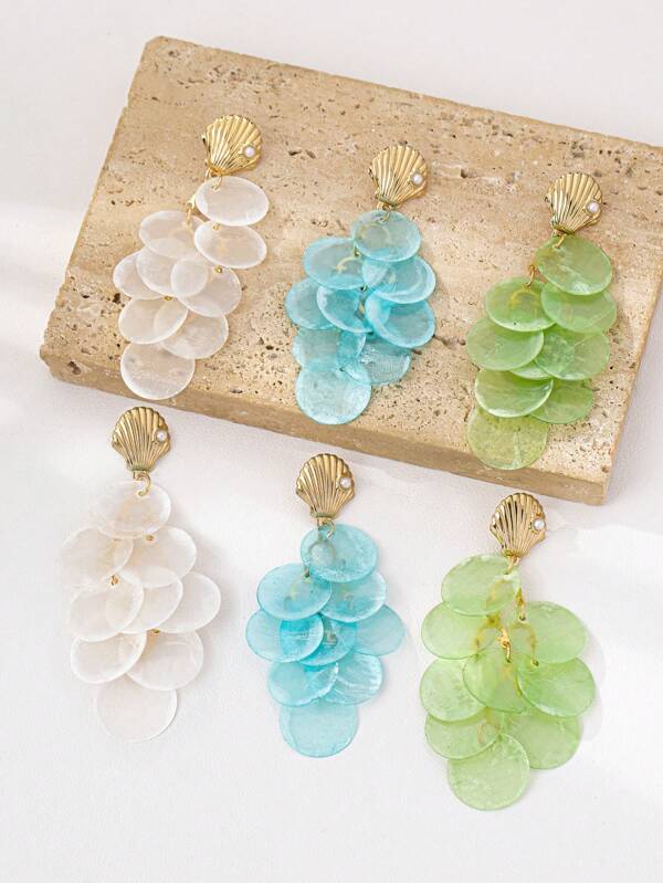 1 par de pendientes colgantes de concha y perla bohemios para mujer, con un estilo exagerado y alargado adecuado para uso diario y la playa