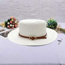 Women Straw Boater Hat Flat Top Wide Brim Summer Beach Hat With Belt Sun Protection Visor Caps For Outdoor Seaside - White - View 1