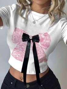 Women's Handcraft Rhinestone Bow Contrast Color Graphic Cropped Crew Neck Short Sleeve T-Shirt For Summer - White - View 4