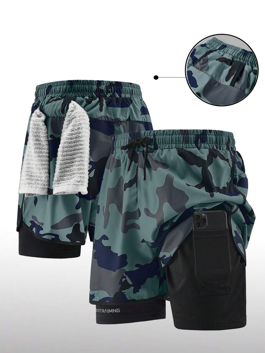1 pieza Pantalones cortos deportivos de 2 en 1 para hombre con forro, pantalones cortos casuales elásticos para entrenamiento y correr en primavera/verano - Gris - Ver 1