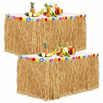 Luau Grass Table Skirt Grass Table Skirt Natural With Hibiscus Flowers Hawaiian Luau Tropical Party Decor Fringe Party Decoration For Costume Tropical Hawaii Birthday, Straw Yellow