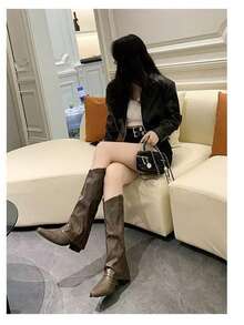 女士时尚靴子，复古铆钉高筒靴，法式百搭西部牛仔靴，适合娇小身材