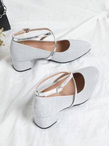Silver Glitter Basic Party Shoes For Women, Block Heel Square Toe Criss-Cross Strap Slip-On, Suitable For Dancing And Commuting